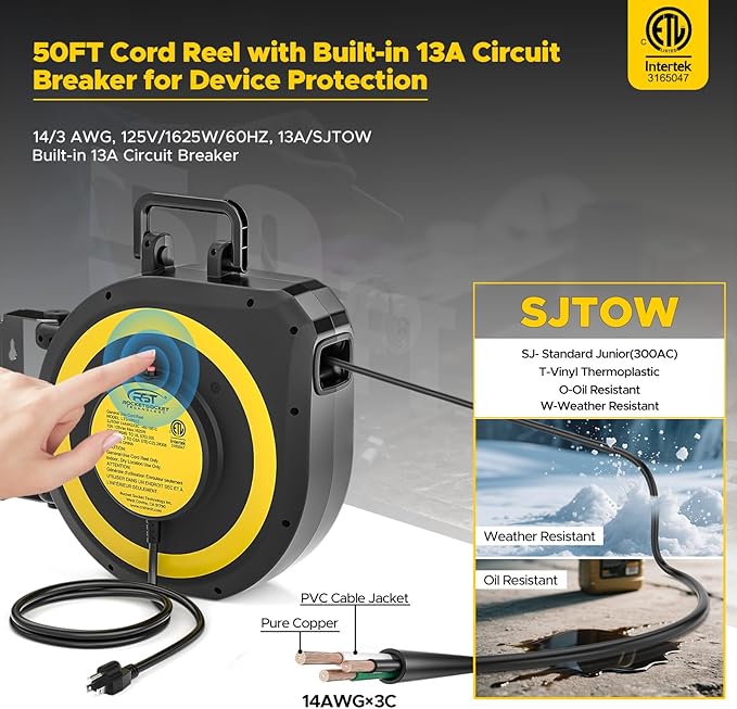 CRST 50 FT Retractable Extension Cord Reel, 14AWG/3C SJTOW Heavy Duty Power Cord with 3 Grounded Outlets Lighted Triple Tap, 13A Circuit Breaker, 180° Swivel Bracket, ETL Listed
