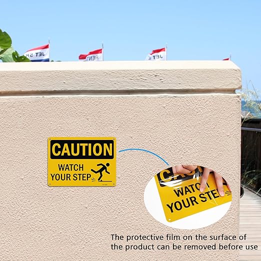 T&R Caution Watch Your Step Signs - 2 Pack - 10 x 7 Inches Rust Free .040 Aluminum -Reflective, UV Protected, Waterproof, Weatherproof and Fade Resistant - 4 Pre-drilled Holes