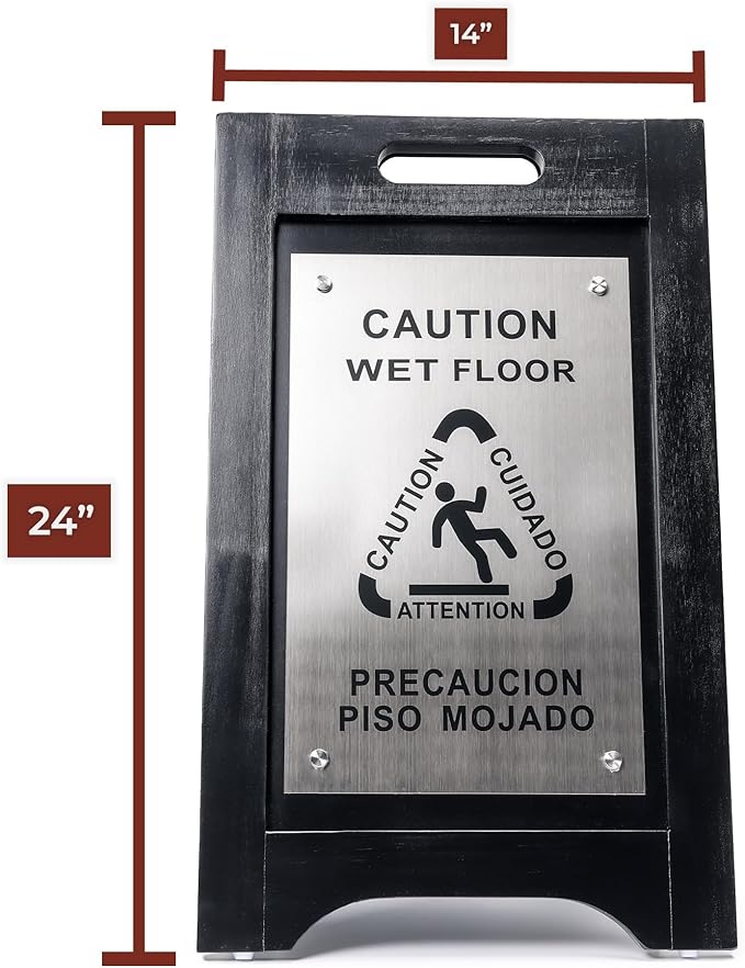 Premium Wooden Caution Wet Floor Sign – Bilingual w/ Non-Skid Plastic Feet – For Hotels, Schools, Offices, Areas, Restrooms, Pool Decks & Shops - Black Wood/Brushed Nickel Plate