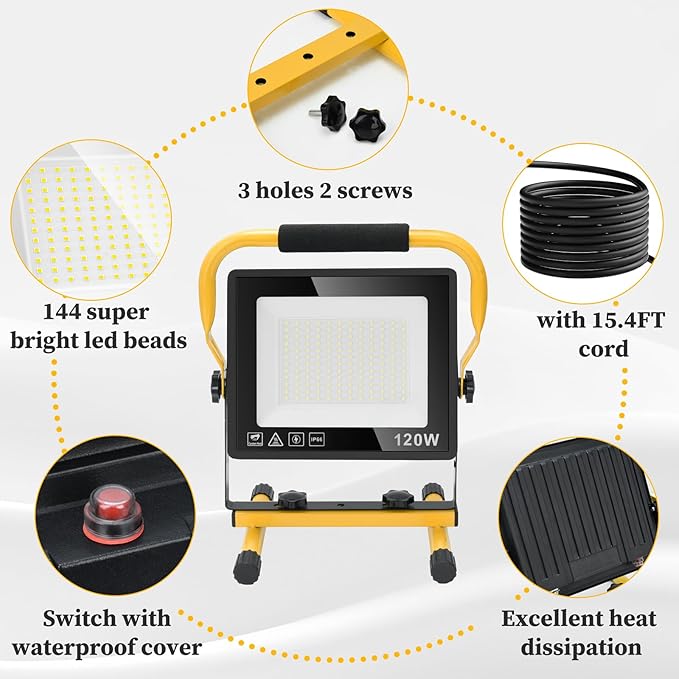 120W Led Work Light, 12000LM Portable Work Light with 16.4FT Cord, 6500K IP66 Waterproof Flood Lights for Outdoor Indoor Job Site Workshop Flood Lights, Gifts for Him