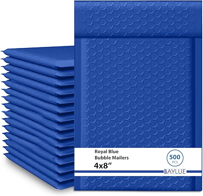 Royal Blue Small Bubble Mailers 4x8 Inch #000 | Thick Padded Poly Mailer Envelopes | Trading card sports Card Mailing Bubble Envelopes | Water & Tear Resistant | 500 Pack Bulk