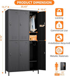 6 Doors Metal Lockers for Employees with Combination Locks and 6 Shelves, Storage Locker with 18 Hooks and Business Card Holder for Office Gym School Bedroom, Assembly Required, Black