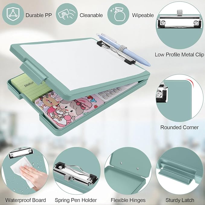 Small Clipboard with Storage, A5 Clipboards with Pen Holder, Half Letter Clip Boards 6x9 Mini Plastic Clipboard with Low Profile Clip for Classroom, School, Office Supplies (Grey Green)