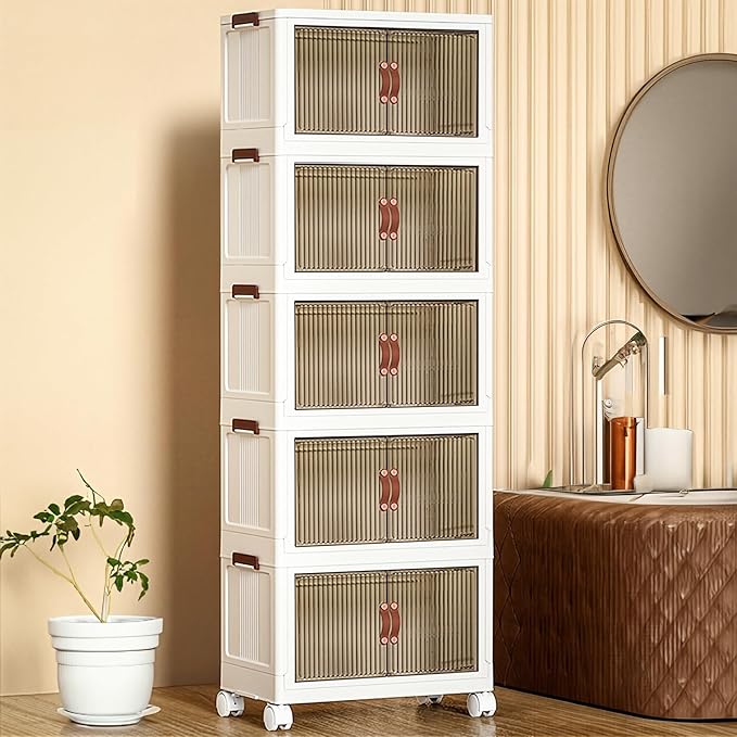 4 Tier Plastic Stackable Storage Bins and Boxes Organizer, Foldable Containers, Stackable Closet Organizers, Collapsible Boxes, White (5 Tier, 23.6″)