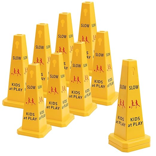 10 Pack Slow Down Kids at Play Cones 26.38 Inch Slow Kid at Play Safety Signs for Street Four Side Visibility Floor Standing Yellow Traffic Cone for Lawn, School, Yard, Gymnasium, Playground