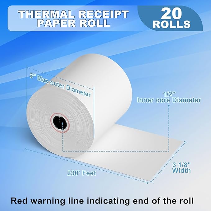 3 1/8 x 230ft Thermal Paper 20 Rolls - 80mm Receipt Cash Register Paper, Fits Credit Card POS Square Terminal Printer - Fits Star Micronics TSP100 TSP143 Epson