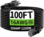 HUANCHAIN 16 Gauge 100 Ft Outdoor Extension Cord Waterproof, 16/3 Flexible Cold-Resistant Appliance Extension Cord Indoor Outside, 10A 1250W 16AWG SJTW, 3 Prong Electric Cable, ETL