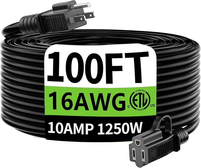 HUANCHAIN 16 Gauge 100 Ft Outdoor Extension Cord Waterproof, 16/3 Flexible Cold-Resistant Appliance Extension Cord Indoor Outside, 10A 1250W 16AWG SJTW, 3 Prong Electric Cable, ETL