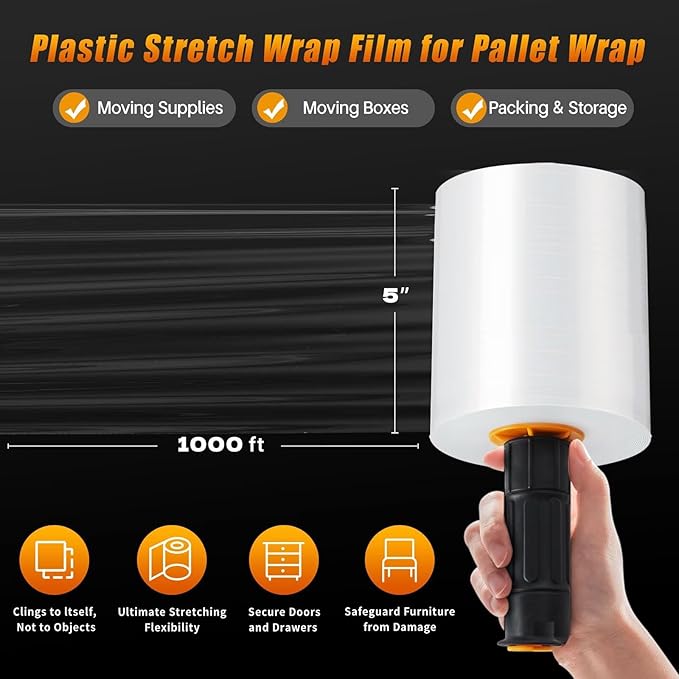 Stretch Film Shrink Wrap for Moving Supplies (5inch, 2 Pack) x 1000ft, Industrial Strength Plastic Wrap Stretch Roll for Pallet Wrapping Shipping Moving Boxes Storage Furniture with Handles, Clear