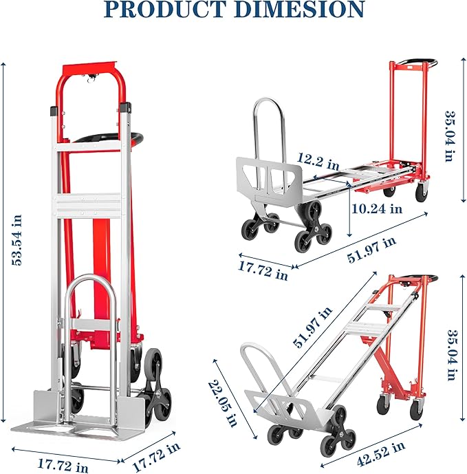 Convertible Hand Truck -1,000 lb Heavy-Duty Aluminum & Steel Dolly, 3-in-1 Mode with Stair-Climbing Wheels & 5" Swivel Casters for Warehouse, Moving, Delivery