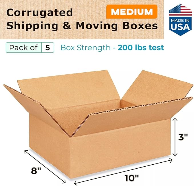 Medium Moving & Shipping Boxes 10 x 8 x 3 inches (5-Pack) - Extra Strength 200 lb vs Regular - Corrugated Packing Boxes - Corrugated Box - Packing Box for Moving Medium Volume by IDL Packaging