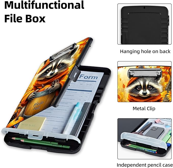 Clipboard with Storage Box & Pen Holder,Heavy Duty Clip Boards 8.5x11 for Nursing,High Capacity,School & Office Supplies,Fall Raccoon