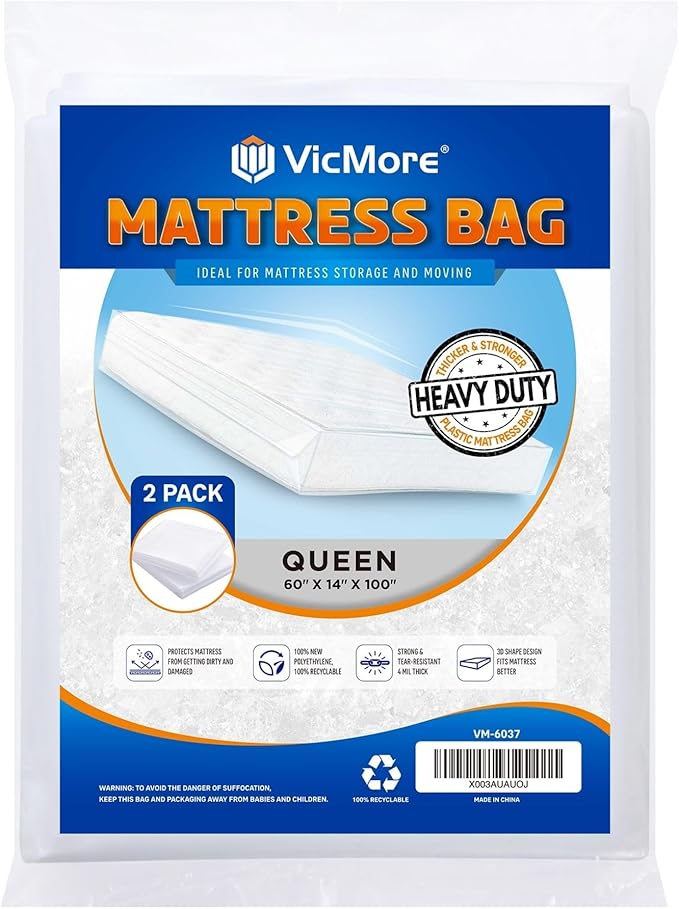 VICMORE 2-Pack Queen Mattress Bags for Moving & Storage – 4 Mil Heavy-Duty Plastic Mattress Cover, Tear-Resistant & Odorless, Reusable & Recyclable