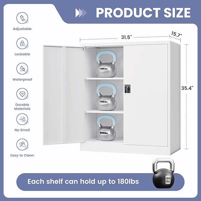 Metal Storage Cabinet，Garage Storage Cabinet with 2 Lockable Doors and 2 Adjustable Shelves, 36'' Steel Tool Cabinet for Garage, Office, Home, School(White)
