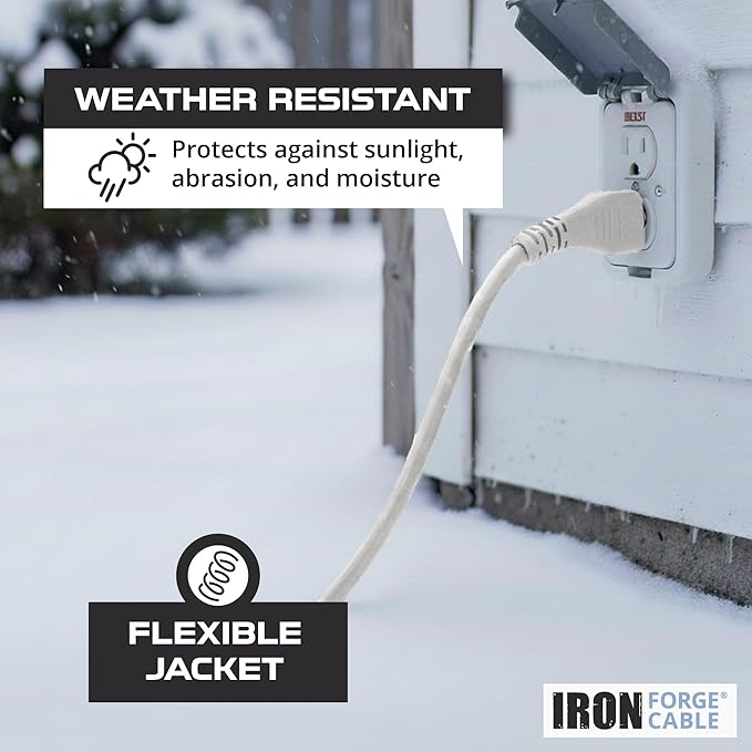 Iron Forge Cable Weatherproof 50 Ft Outdoor Extension Cord - 16/3 SJTW Heavy Duty Light Brown Extension Cord 3 Prong - 13 Amp Exterior Power Cable