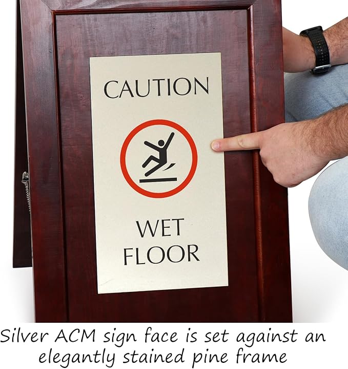 SmartSign Premium 'Caution Wet Floor' Wooden A-Frame Standing Floor Sign with Symbol, 2-Sided, 24" x 15", Hardwood Pine Frame, 120 mil Silver ACM Sign, Black on Silver, Made in USA