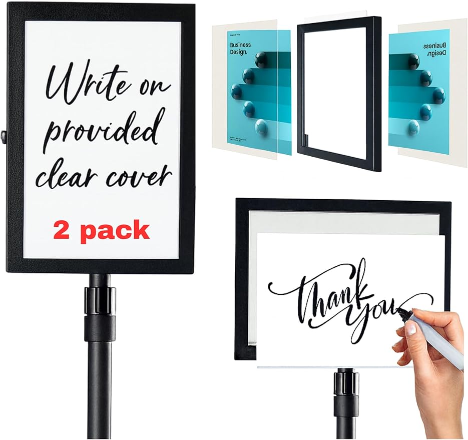 2 PACK Double-Sided Adjustable Heavy Duty Pedestal Sign Holder Stand for Display - Indoor/Outdoor Floor Sign Stand with Base 8.5x11 inches (Horizontal and Vertical Orientation) - includes dry erase marker