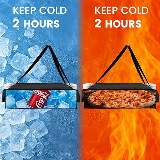 Insulated Pizza Delivery Bag with 4 Cup Holders, 24" x 6" Pizza Warmer Bag for Hot Pizza/Drinks, Pizza Carrier for Events, Large Food Delivery Carrier for Transport/Shopping/Catering, Black