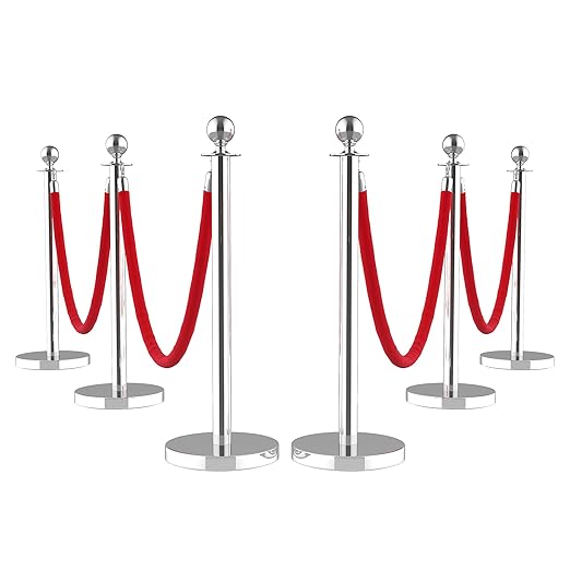 6Pcs Stainless Steel Stanchion Posts with 5ft Red Velvet Ropes - Crowd Control Barriers & Queue Line Kit with 26ft Red Carpet for Wedding, Party, Theater Supplies