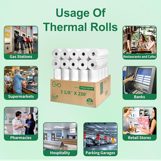 Phenol-Free 3 1/8 x 230 Thermal Paper Receipt Rolls, Thermal Printer Paper 50 Rolls, Pony Packaging BPA Free for Clover POS Cash Register Printers