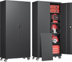 Metal Garage Storage Cabinets with Wheels, Rolling Tool Cabinet with Lock, Locking Garage Caninet on Wheels with Shelves, Steel 2 Door Tall Tool Cabnets for Workshop/Home/Office - (Black 75”H)