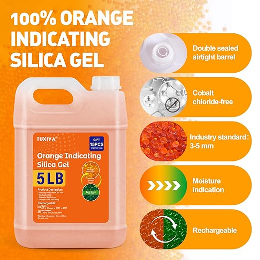 5 LBS Orange Indicating Silica Gel Desiccant Beads,(Industry Standard 3-5 mm) Rechargeable Silica Gel Beads for 3D Filament, Electronic Devices, Camera, Jewelry, Safe(15PCS Organza Bag)