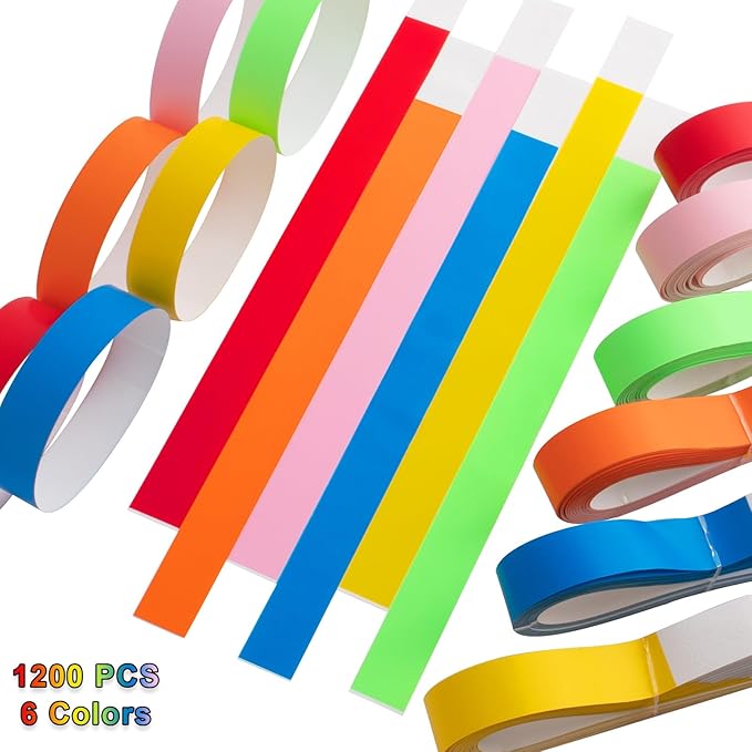 1200 Pcs Plastic Paper Wristbands for Events Neon Color Wrist Bands Concert Identification Wristbands Paper Bracelets Wristbands Party Hand Bands (Red, Orange, Yellow, Fluorescent Green, Blue, Pink)