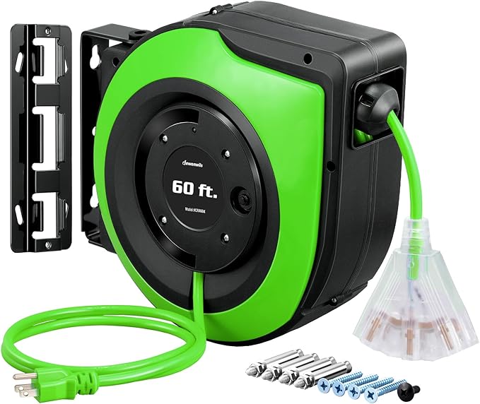 DEWENWILS Retractable Cord Reel, 60FT Heavy Duty Extension Cord, 12AWG/3C SJTOW, 3 Grounded Outlets Lighted Triple Tap, 15A Circuit Breaker, Wall/Ceiling Mounted for Garage, Workshop, UL Listed, Green