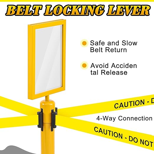 Therwen 12 Pack Heavy Duty Crowd Control Stanchions 9.8 ft Stainless Steel Stanchion Set with Safety Barrier Post Retractable Belt and Sign Holder Crowd Control Barrier(Caution Belt, Yellow)