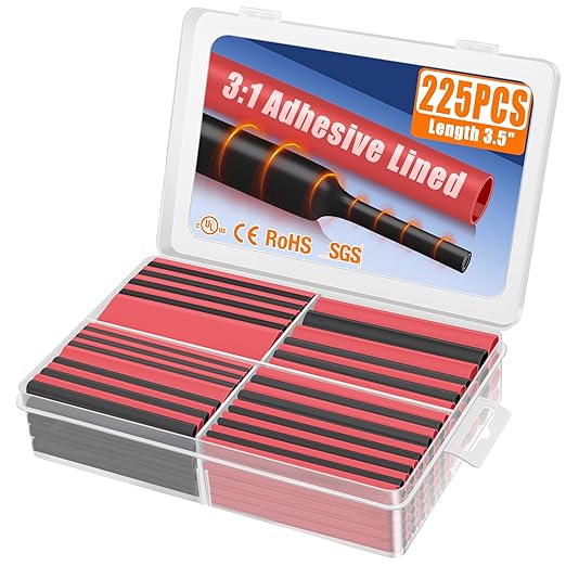 XHF UL Listed 225 Pcs Length 3.45" 3:1 Waterproof Heat Shrink Tubing Kit Marine Grade Adhesive Lined Heat Shrink Tube, Insulation Sealing Oil-Proof Wear-Resistant Black&Red