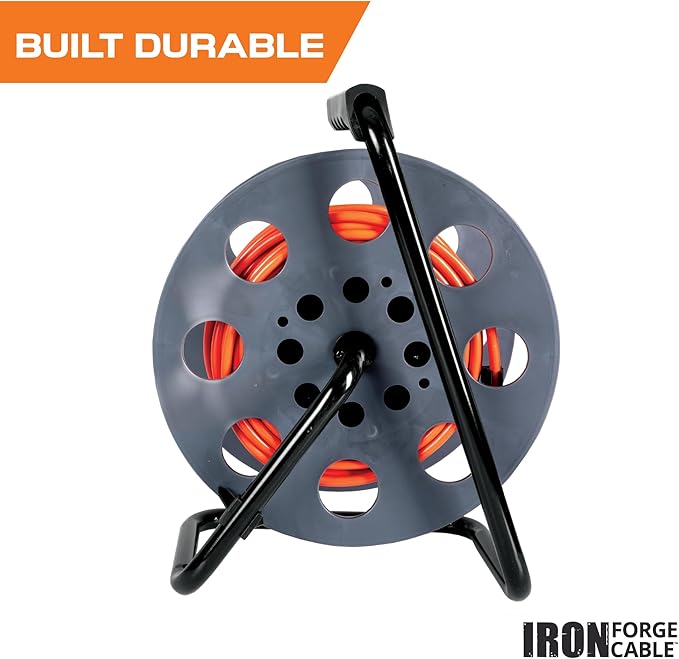 IRON FORGE CABLE 75 Ft Extension Cord Reel with 4 Electrical Power Outlets & Breaker Switch - 16/3 SJTW Heavy Duty Orange Cable with 3 Prong Grounded Plug, Portable Cord Reel