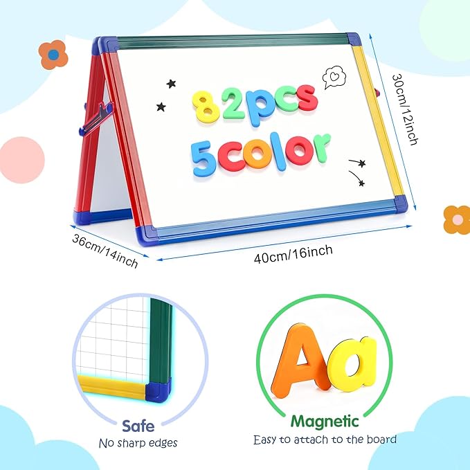 SWANCROWN Portable Dry Erase White Board for Kids, 16x12 inch Toddler Boy Girl Toys Magnetic Table top Whiteboard Small Double Sided Art Easel with 82Pcs Letter Magnets Magnetic Foldable Board