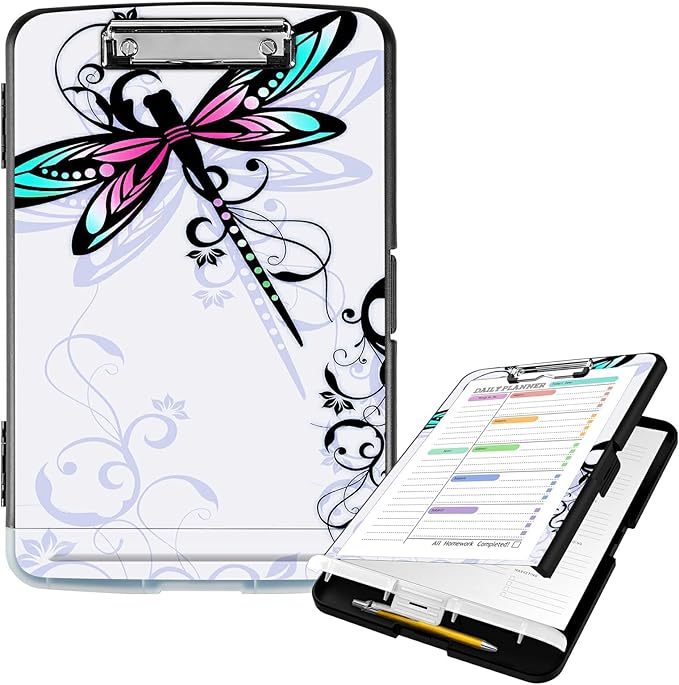 Clipboard with Storage High Capacity Plastic Nursing Clipboards with Pen Holder File Folder Storage Box Clipboard with Heavy Duty Clips for Teacher,Doctor,Offices-Dragonfly with Lotus Flower