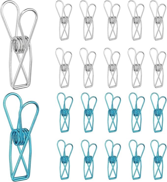 PATIKIL 50Pcs Paper Office Binder Clips, 1.26" Small Metal Wire Hollow Out Paper Clamps Long Tail Binder Clips for Photo Clothes Hanging Office Home Kitchen Food Package, Silver/Blue