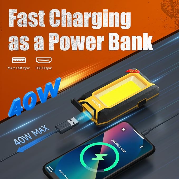 WARSUN 2 PC LED Rechargeable Work Light, Magnetic COB Portable Worklights, 40w 1500 Lumens, Metal Hanging Hook 3 Lighting Modes, Job Site Lighting for Car Repairing, Camping,Hunting Repairing,Yellow