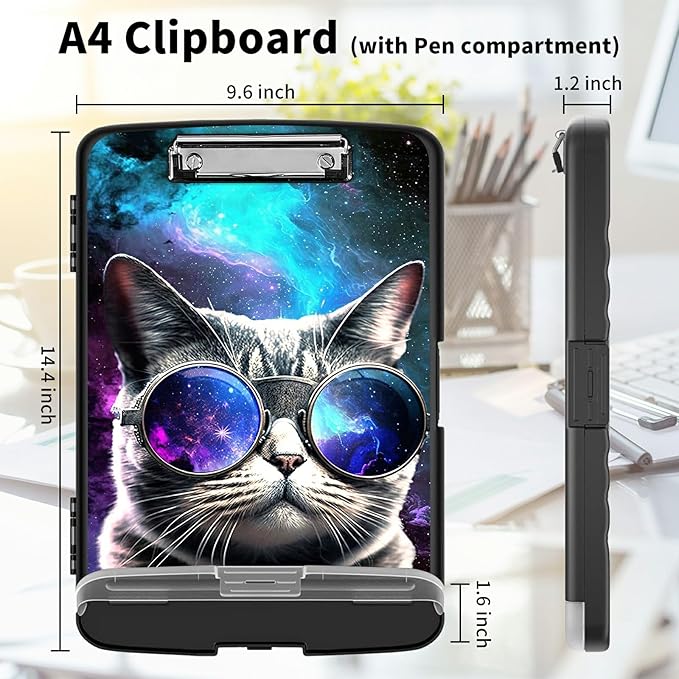 Clipboard with Storage High Capacity Plastic Nursing Clipboards with Pen Holder File Folder Storage Box Clipboard with Heavy Duty Clips for Teacher,Doctor,Offices-Galaxy Hipster Cat