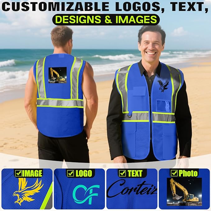 Safety Vest Customize Logo with 5 Pockets & Zipper Reflective High Visibility Vest Class 2 Outdoor Workwear