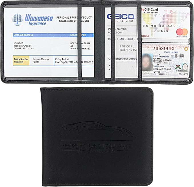 Car Registration and Insurance Holder, Premium Pu Leather Vehicle Glove Box Organizer - for Driver License, Cards & Essential Documents (S-Black)