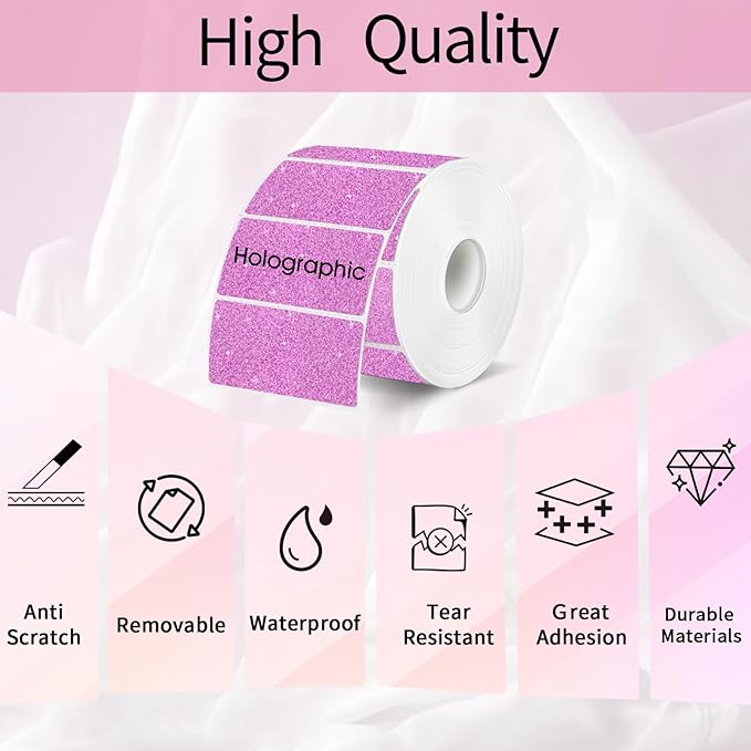 3x2 Inch Holographic Thermal Labels, Glitter Pink Thermal Sticker Labels, Waterproof Thermal Printer Stickers for Price, Barcode, Name, Custom Logo Design, 200 Pcs/Roll