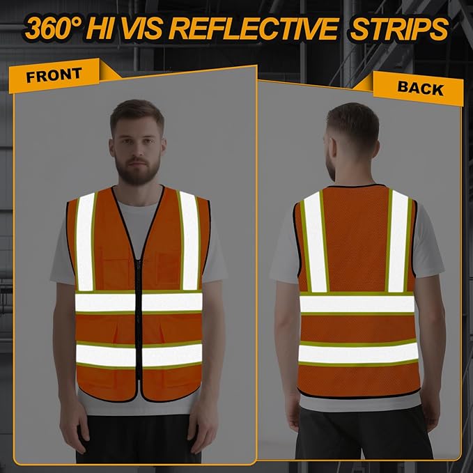 Hi Vis Vest for Men Women 5 Pockets High Visibility Vest with Reflective Strips,Safety Vest with Mesh Fabric, Breathable, (GR720-Orange,3XL).