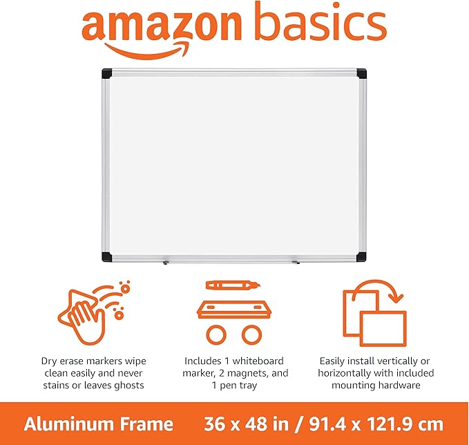 Amazon Basics Magnetic Whiteboard/Dry Erase Board, 36 x 48-inch, Aluminum Frame, Silver/White