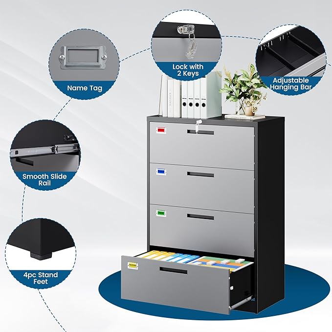 4 Drawer File Cabinet, Lateral Filing Cabinets for Home Office, Office Storage Drawers with Lock, Hanging Files Legal/Letter A4 Size (Assemble Required,Black Grey)