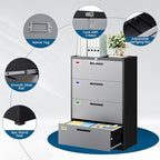 4 Drawer File Cabinet, Lateral Filing Cabinets for Home Office, Office Storage Drawers with Lock, Hanging Files Legal/Letter A4 Size (Assemble Required,Black Grey)