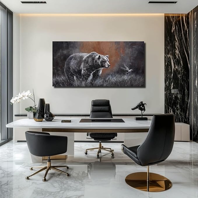 ZHENGYIN Black and White Bear Wall Art,Large Grizzly Wildlife Canvas Print, Bird Accent, Rustic Western Wall Decor for Living Room Office, Above Sofa, 24x48 Inch