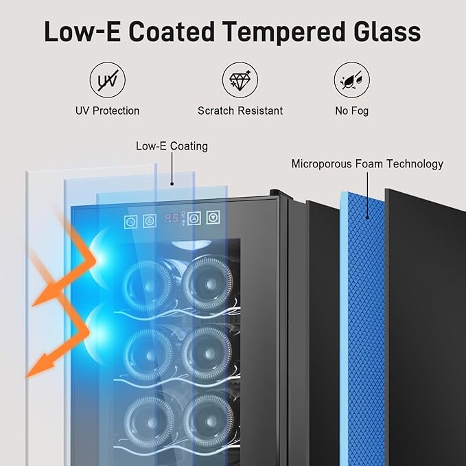 Tylza 8 Bottles Wine Fridge, Wine Cellar with Low-E Tempered Glass Door, LED Touchscreen, Lock, Frost Free, No Vibration, Wine Cooler Refrigerator for Red, White, Champagne or Sparkling Wine, Black