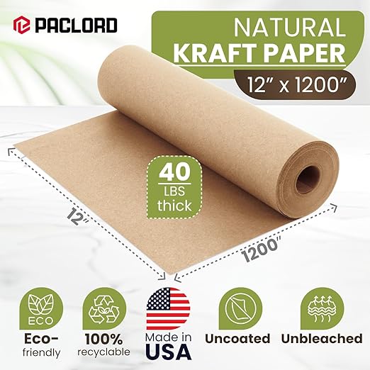 12" x 1200" (100 ft) Natural Kraft Paper Roll – USA Made Non-Toxic, Odorless, 100% Recyclable Brown Wrapping Paper for Shipping, Packaging, Crafting & Gift Wrapping