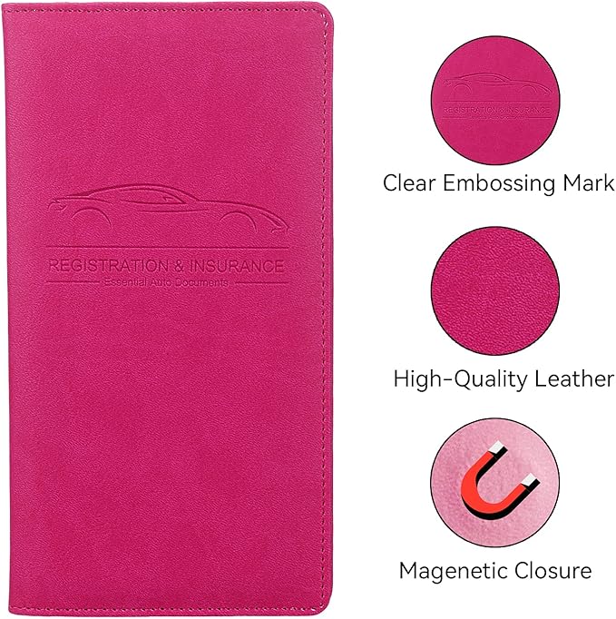 Car Registration and Insurance Holder, Premium Pu Leather Vehicle Glove Box Organizer - for Driver License, Cards & Essential Documents (L-Rose Red)