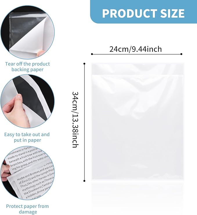 souG 100Pcs Self Adhesive Display Pockets - 8.5 x 11 Inch Paper Sleeves for Wall and Door Communication, Clear Adhesive Sheet Protectors for Office, School, Box Posting Signs