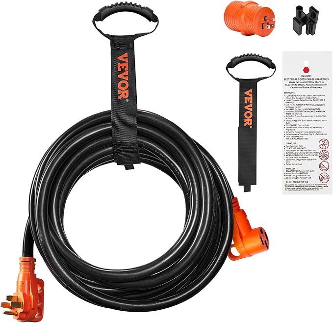 VEVOR 50 Amp RV Extension Cord, 15 ft, Heavy Duty STW 6/3+8/1 AWG RV Power Cord, NEMA 14-50R Female NEMA 14-50P Male Plug, for RVs, Generators, Campers, ETL Listed