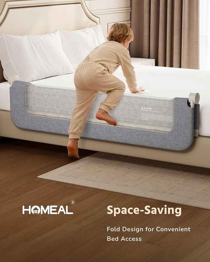 HOMEAL Toddler Bed Rails - 47"x24" Foldable Baby Bed Rail Guard with U-Shape Base - Kids Guard for for Twin, Full, Queen, King Beds - Breathable Bed Rail for Baby, Grey, 1 Pack